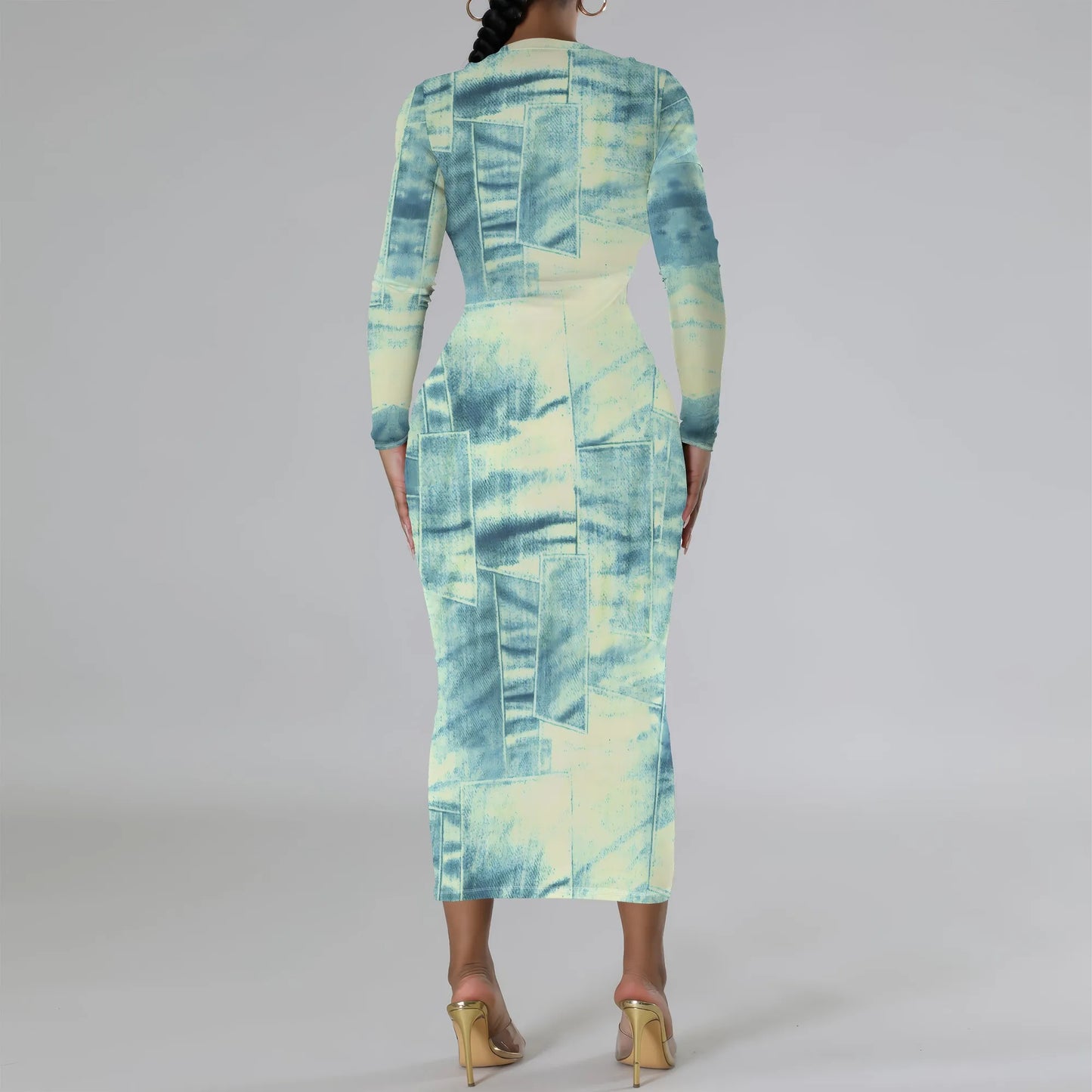 European and American women's fashion temperament casual print slim black dress