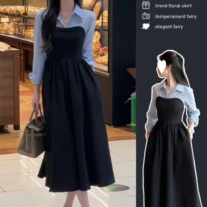 Women's Fashion Two-piece Illusionshirt Black Long Sleeve Dress High-end Feel Matching Set