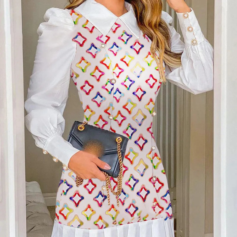 Womens Dresses 2024 Spring Fashion Houndstooth Button Decor Puff Sleeve Ruffle Hem Elegant Turn-Down Collar Daily A Line Dress SwiftNest