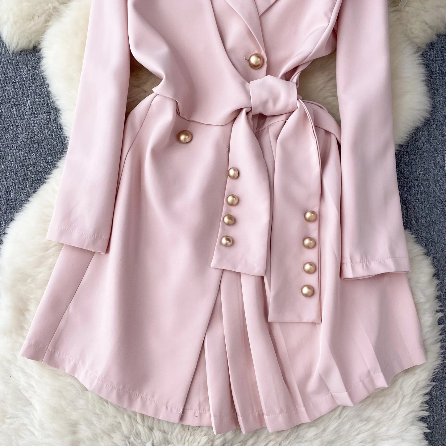 Women's Fashion Trendy Office Coat Dress Ladies Age Reduce Suit Collar Strap Tight Fit Short Pleated Long Sleeve Dress Coat