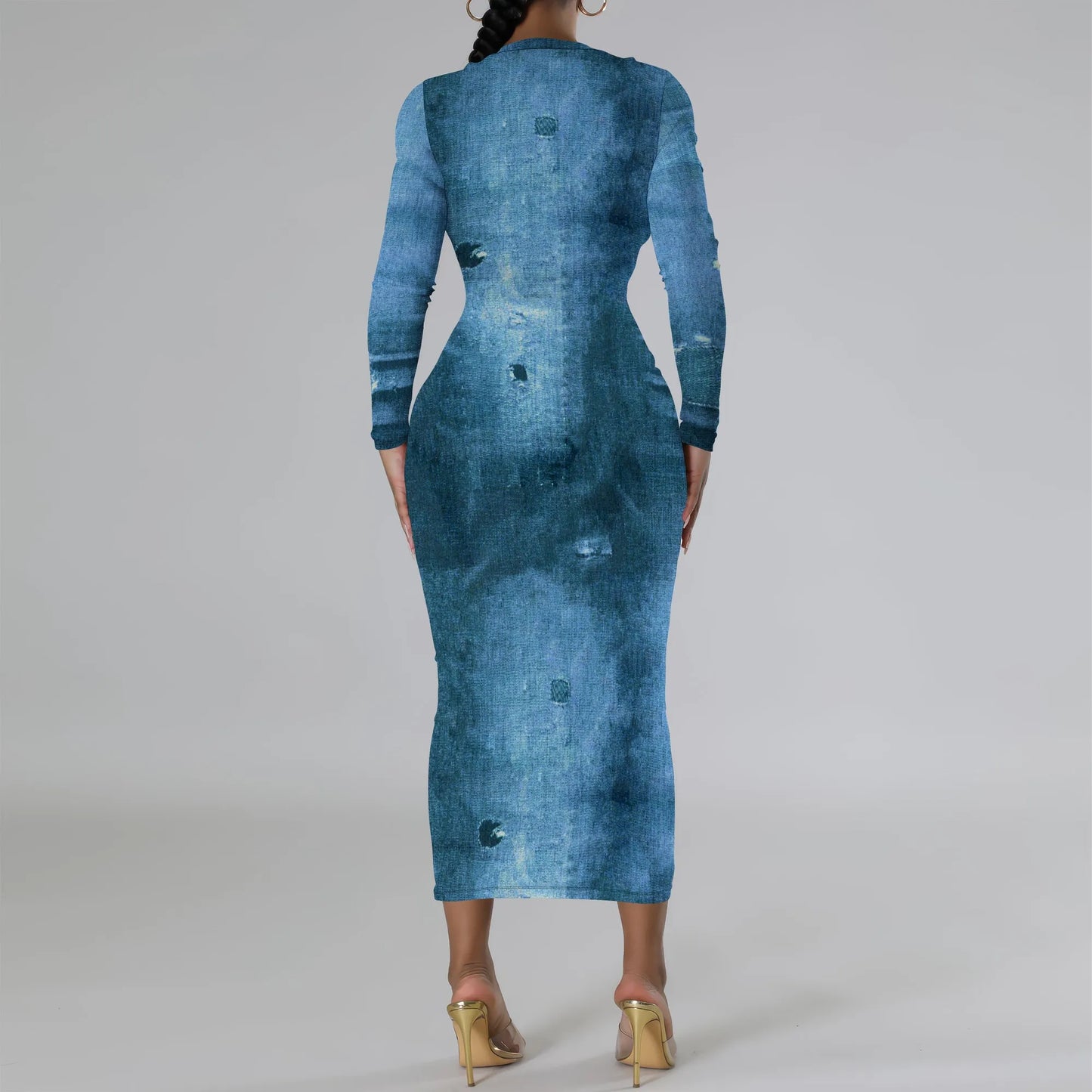 European and American women's fashion temperament casual print slim black dress