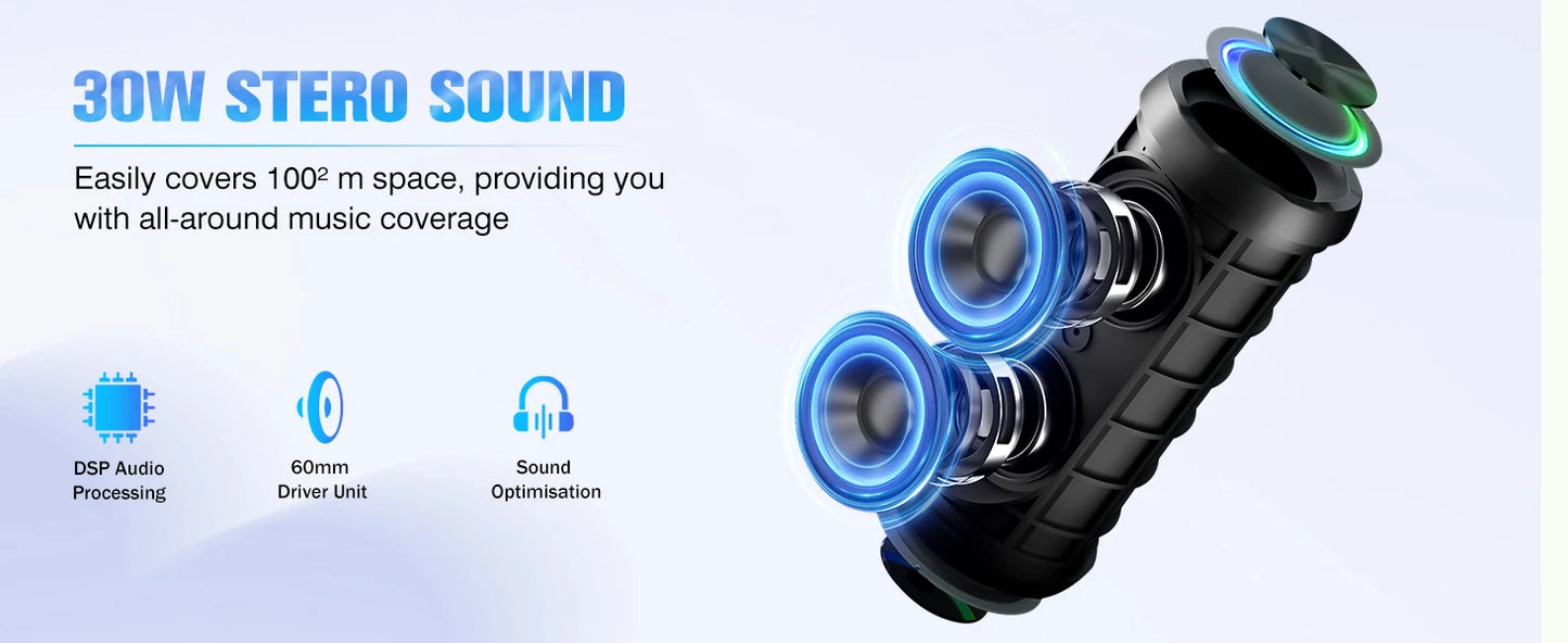 مكبر صوت محمول بتقنية بلوتوث، مكبر صوت بتقنية بلوتوث 5.4، مكبر صوت مزدوج بقوة 30 وات، صوت جهير عميق، مدة تشغيل تصل إلى 30 ساعة، 3 أوضاع معادل صوت، أضواء RGB ملونة