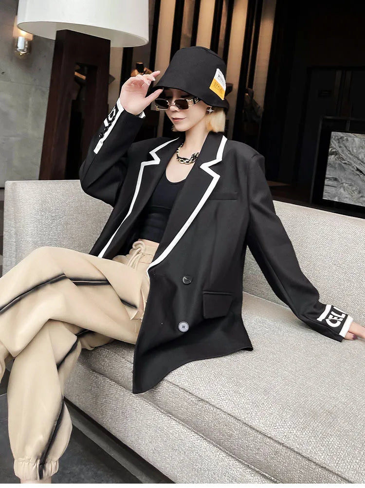 Women Fashion Jacket Wedding Casual Business High Quality Black Blazer Suit Coat Ladies Double Breasted Letter Long Sleeve Tops