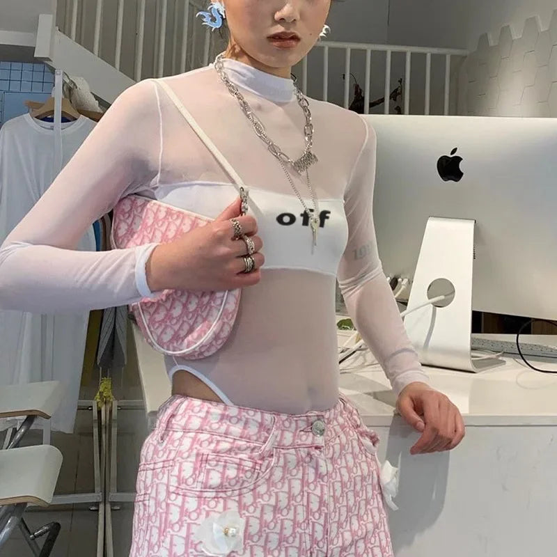 Fashion Trends Women Clothing Corset Top One-Pieces Bodysuit Sexy Long Sleeve See Through Body Feminino Gauze Patchwork Bustier