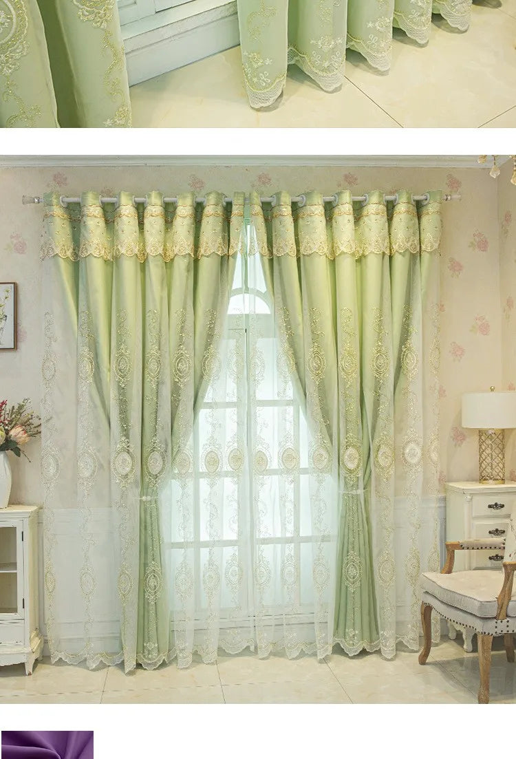 ستائر مخصصة لغرفة المعيشة وغرفة الطعام وغرفة النوم، قماش أوروبي فاخر مزدوج الطبقات مع تطريز متكامل وديكور معتم