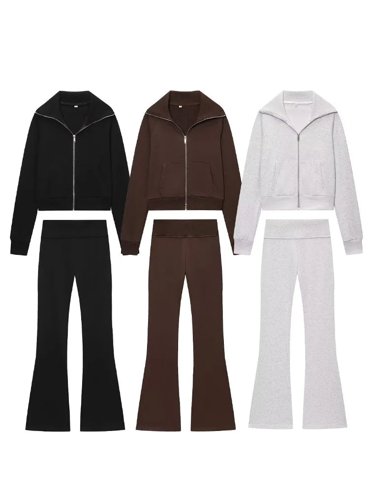 HH Women Autumn Fashion Sets Solid Turn-Down Collar Long Sleeves Pockets Zipper Slim Short Coat+Casual Elastic Waist Long Pants SwiftNest