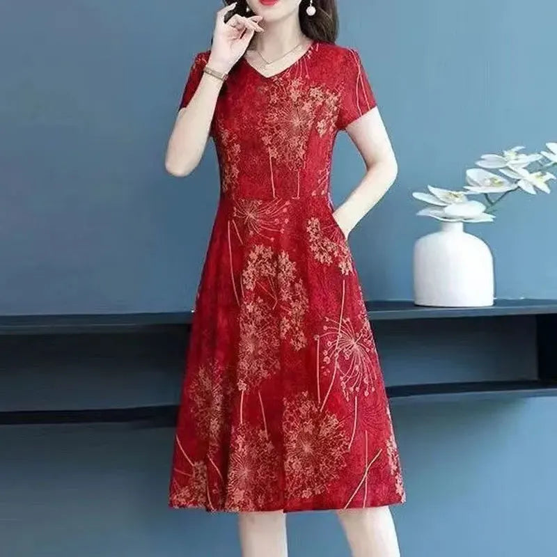 Women's Clothing Fashion Short Sleeve Midi Dress Vintage Printed 2025 Summer A-Line Waist Commute Elegant V-Neck Spliced Dresses SwiftNest