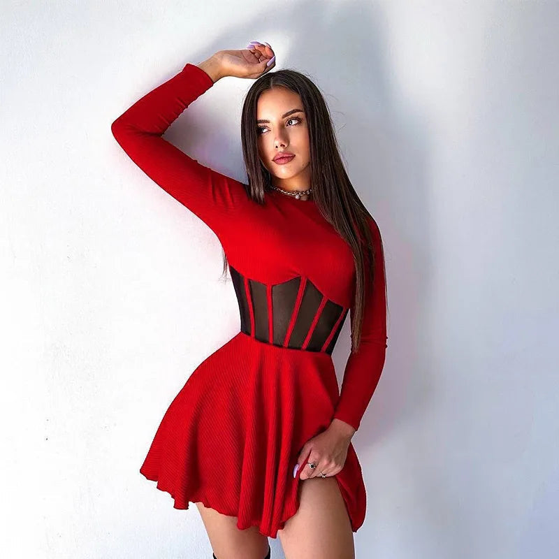 Women Fall Fashion A Line Dress Long Sleeve Crew Neck Stunning Mesh Splicing Corset Dress Y2K Going Out Night Club Party  Dress SwiftNest