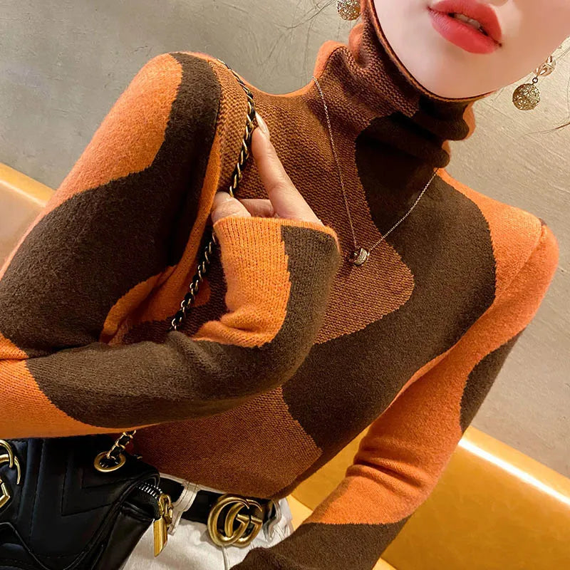 Women Clothing Vintage Fashion Slim Turtleneck Sweaters Autumn Winter Elegant Chic Patchwork Knit Pullovers Office Lady Tops