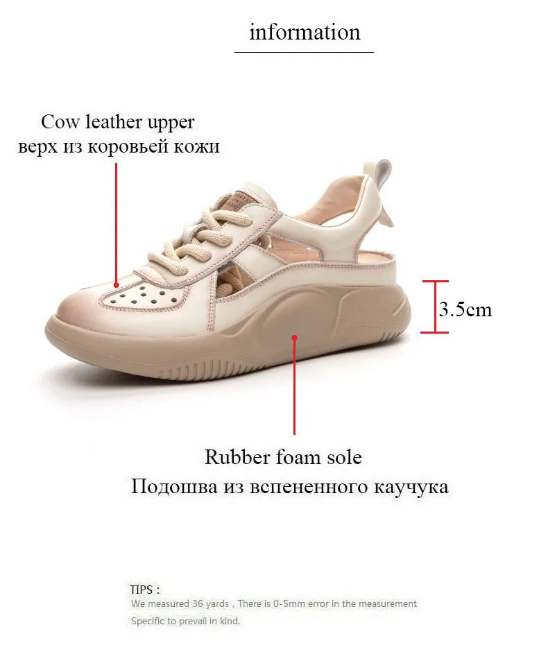 DRKANOL Platform Sandals Women Summer Round Toe Shoes Lace-Up Genuine Leather Thick Bottom Lightweight Casual Sneakers Sandals