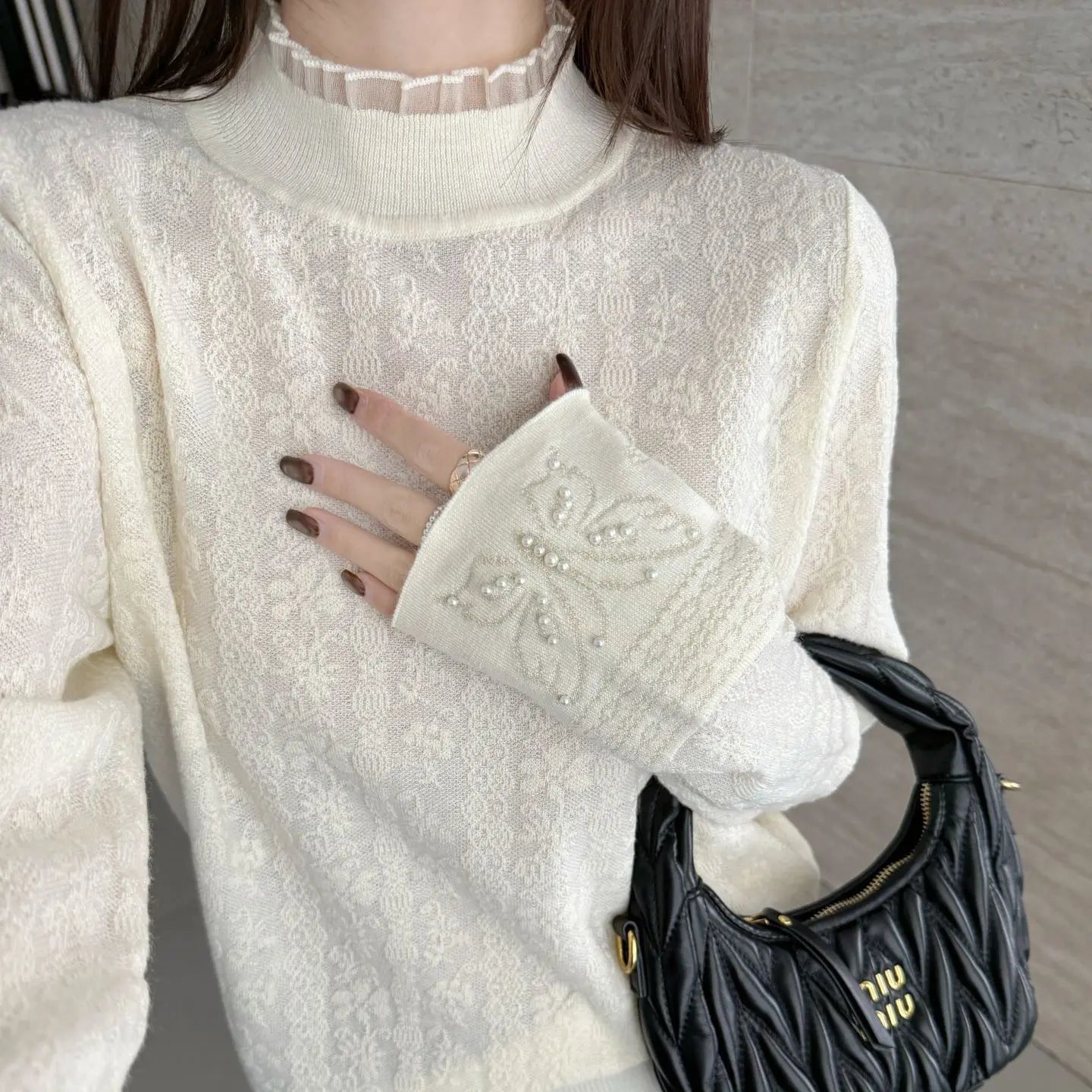 Women Clothes Autumn Winter Fashion Simplicity Lace Patchwork Knitting Half High Collar Female Solid Color Temperament Bottoming SwiftNest