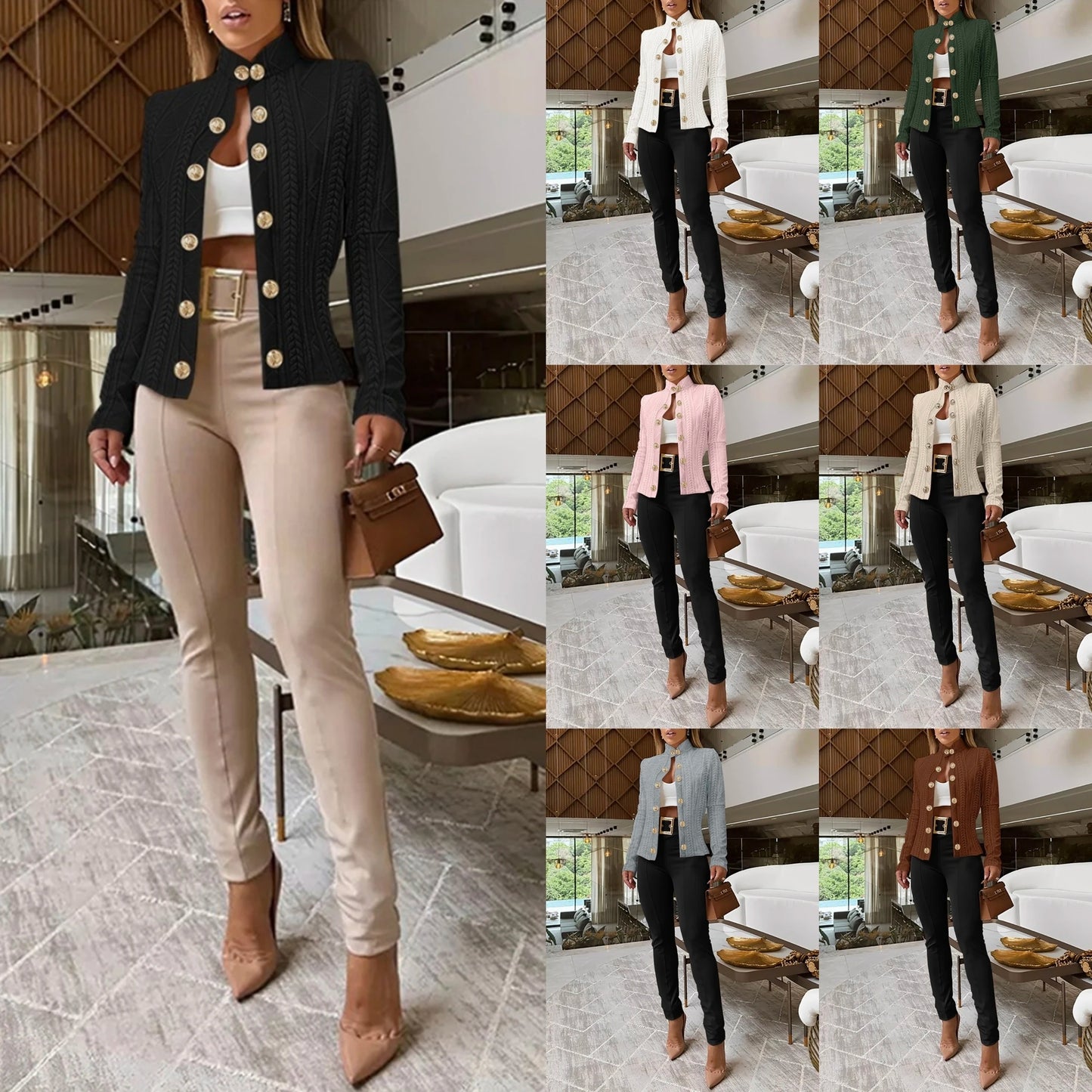 2025 New Arrival Women's Fall Fashion  Textured Blazer with Gold-Tone Buttons Slim Fit Long Sleeve Jacket with Stand Collar