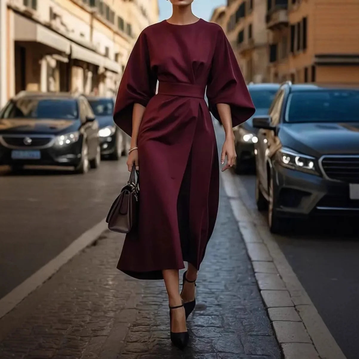 2025 Women's Fashion Temperament Elegant Solid Color Waist Dress Casual Bat Sleeve Long Skirt Vestidos De Mujer