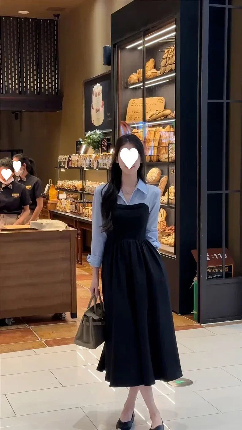 Women's Fashion Two-piece Illusionshirt Black Long Sleeve Dress High-end Feel Matching Set