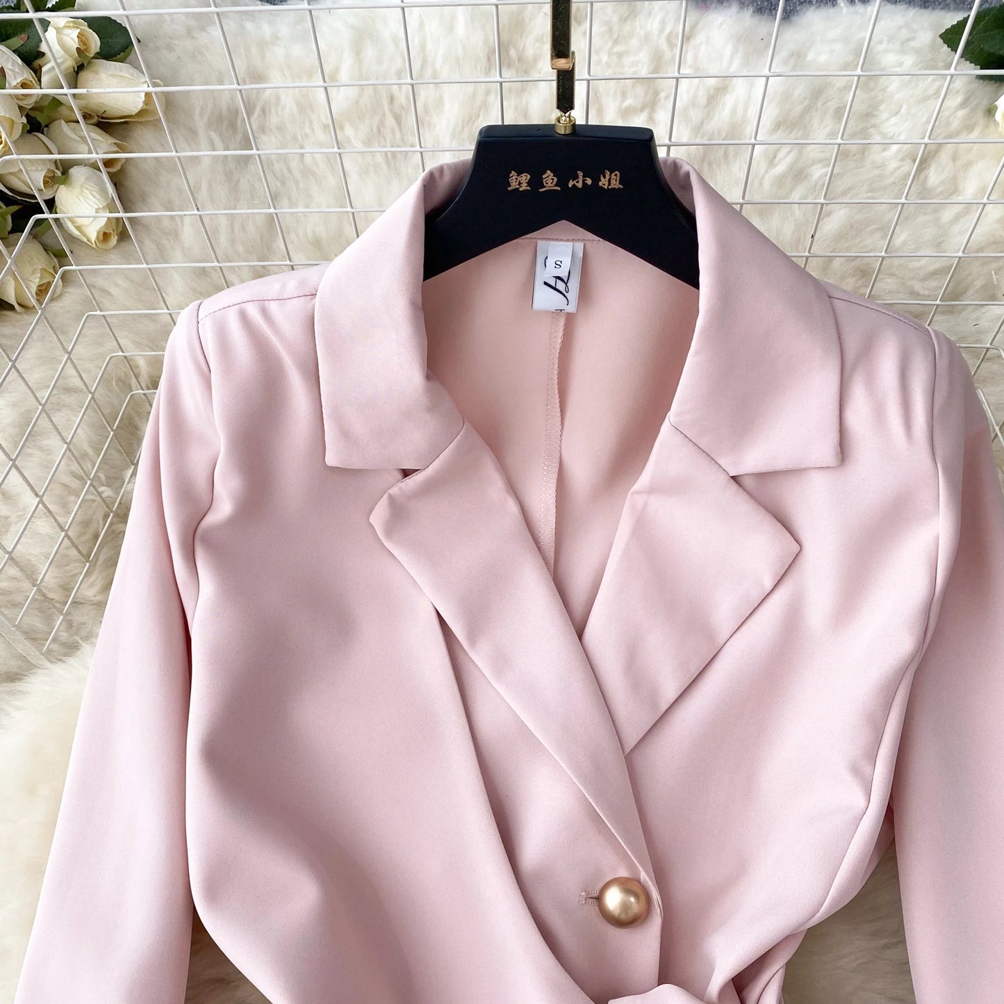 Women's Fashion Trendy Office Coat Dress Ladies Age Reduce Suit Collar Strap Tight Fit Short Pleated Long Sleeve Dress Coat