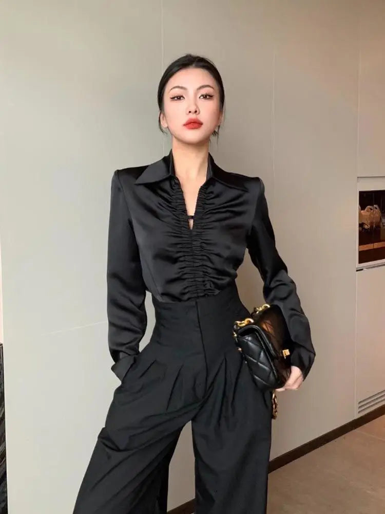 Women French Style Vintage Satin Luxury Designer Shirts Spring Autumn Fashion Elegant Blouse V Neck Long Sleeve Tops Chic Blusas SwiftNest