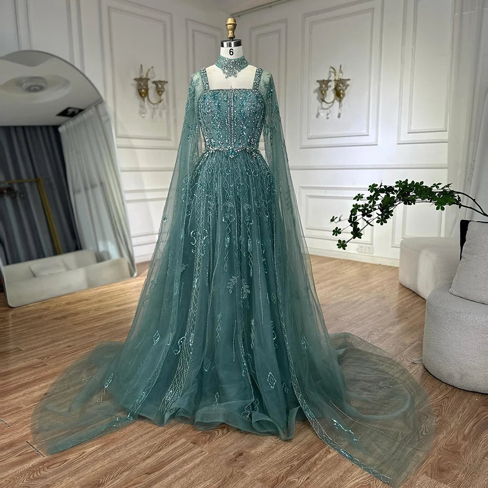 Serene Hill 2025 Arabic Nude A Line Cape Sleeve Crystal Beaded Luxury Evening Dresses Gowns Formal Occasion Customize BLA72764