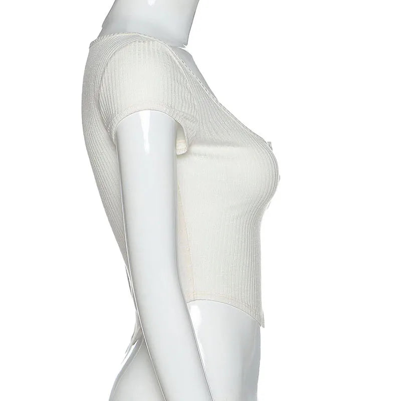 Women Summer Fashion Streetwear Sexy White Transparent Crop Tops Buttons V Neck Short Sleeve Pullover Slim T Shirts Club Party SwiftNest