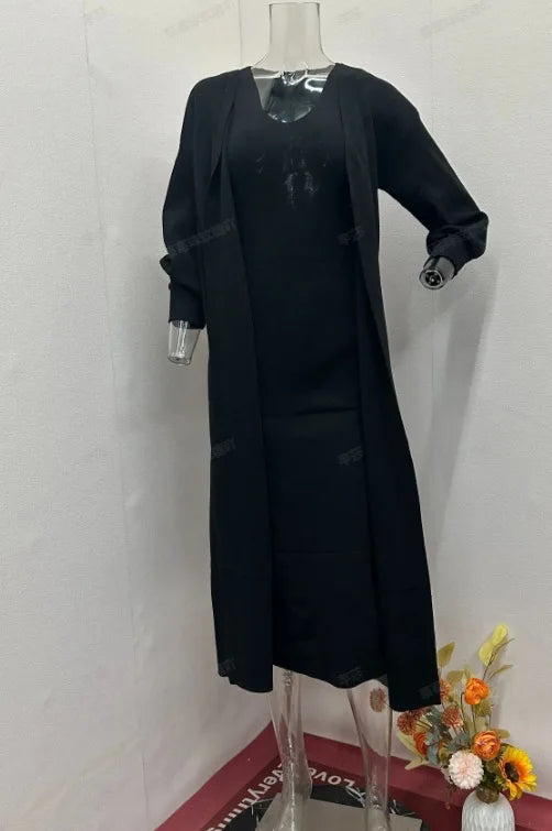 Women's Fashion Elegant Two piece Solid Color Lazy Style Long Sleeve Knitted Sweater Slimming Strap Long Skirt Set SwiftNest