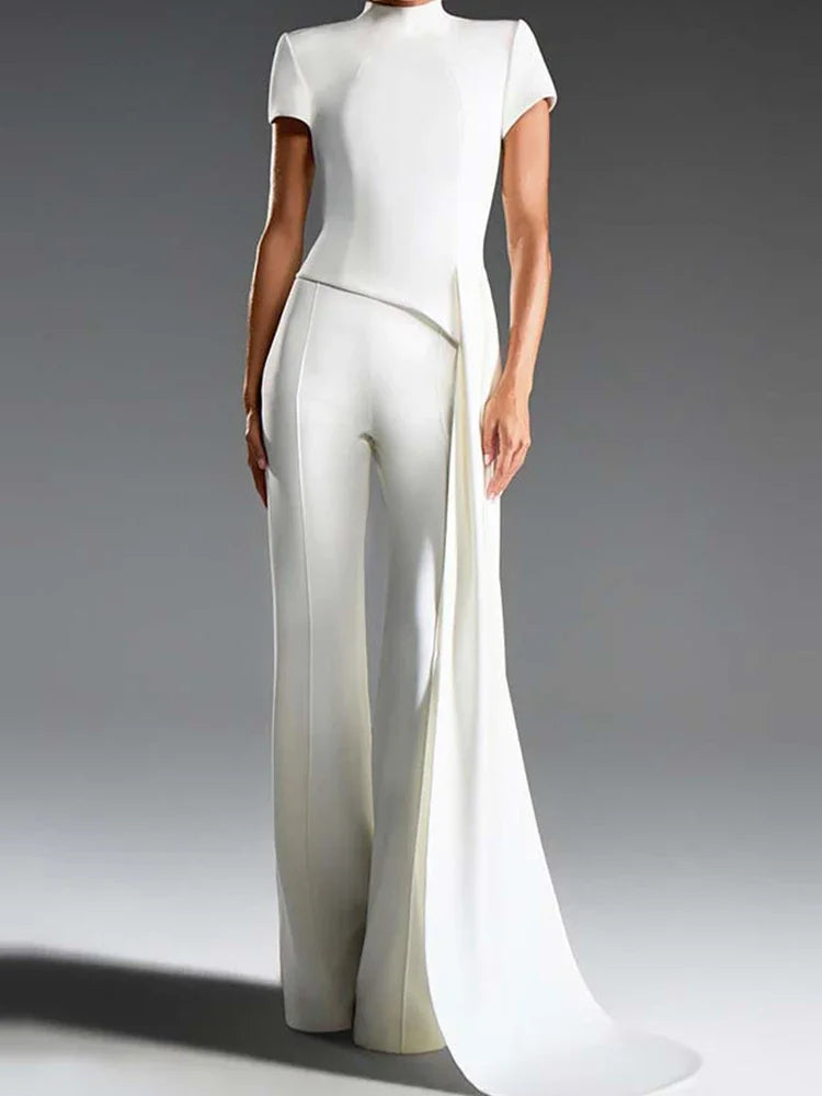 Women Elegant Commuting 2Pc Suit Fashion Stand Collar Solid Color Irregular Set Casual Short Sleeve Pullover & Long Pant Outfits