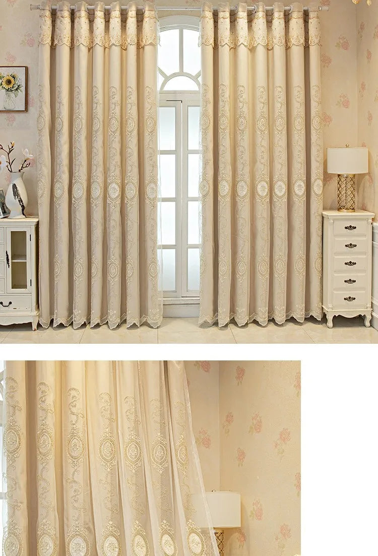 ستائر مخصصة لغرفة المعيشة وغرفة الطعام وغرفة النوم، قماش أوروبي فاخر مزدوج الطبقات مع تطريز متكامل وديكور معتم