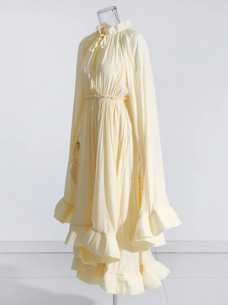 TWOTWINSTYLE Minimalist Dresses For Women V Neck Cloak Sleeve High Waist Ruffles Irregular Summer Dress Female Fashion Clothing