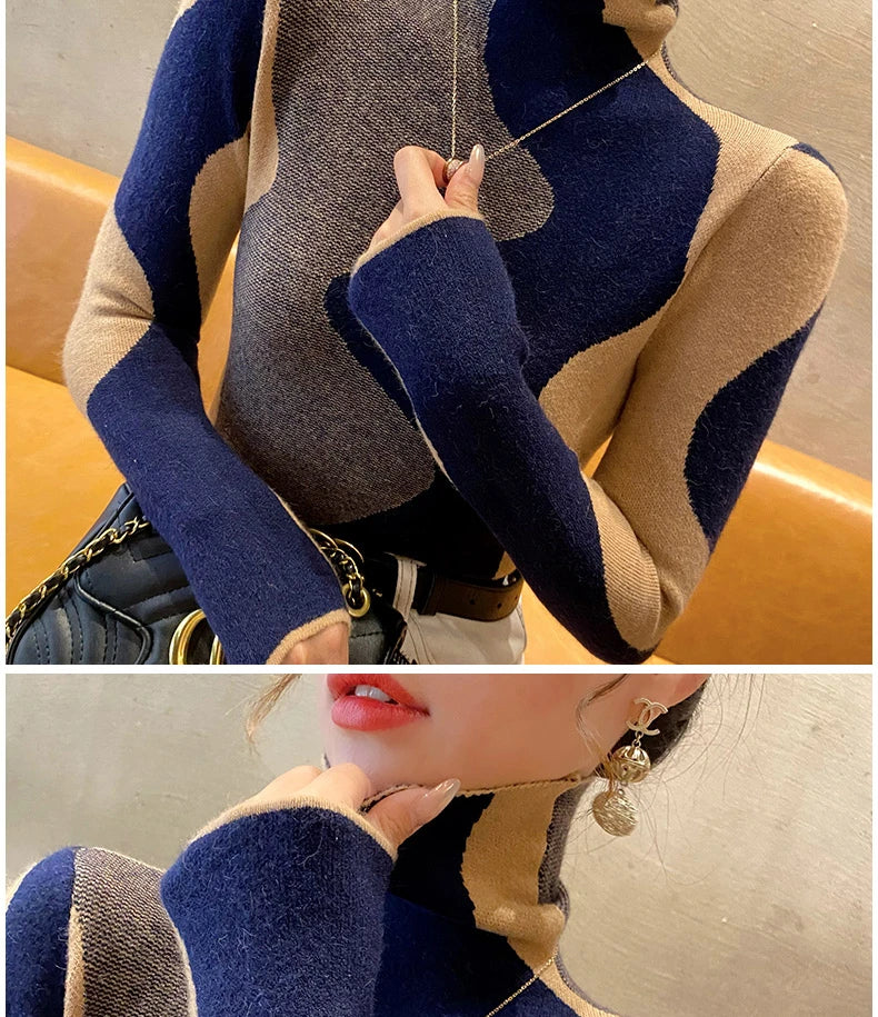Women Clothing Vintage Fashion Slim Turtleneck Sweaters Autumn Winter Elegant Chic Patchwork Knit Pullovers Office Lady Tops