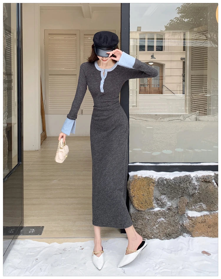 2025 Spring New Women Fashion Casual O-neck Party Dresses Ladies French Elegant Slim Waist Knitted Long Dress Vestidos Longos