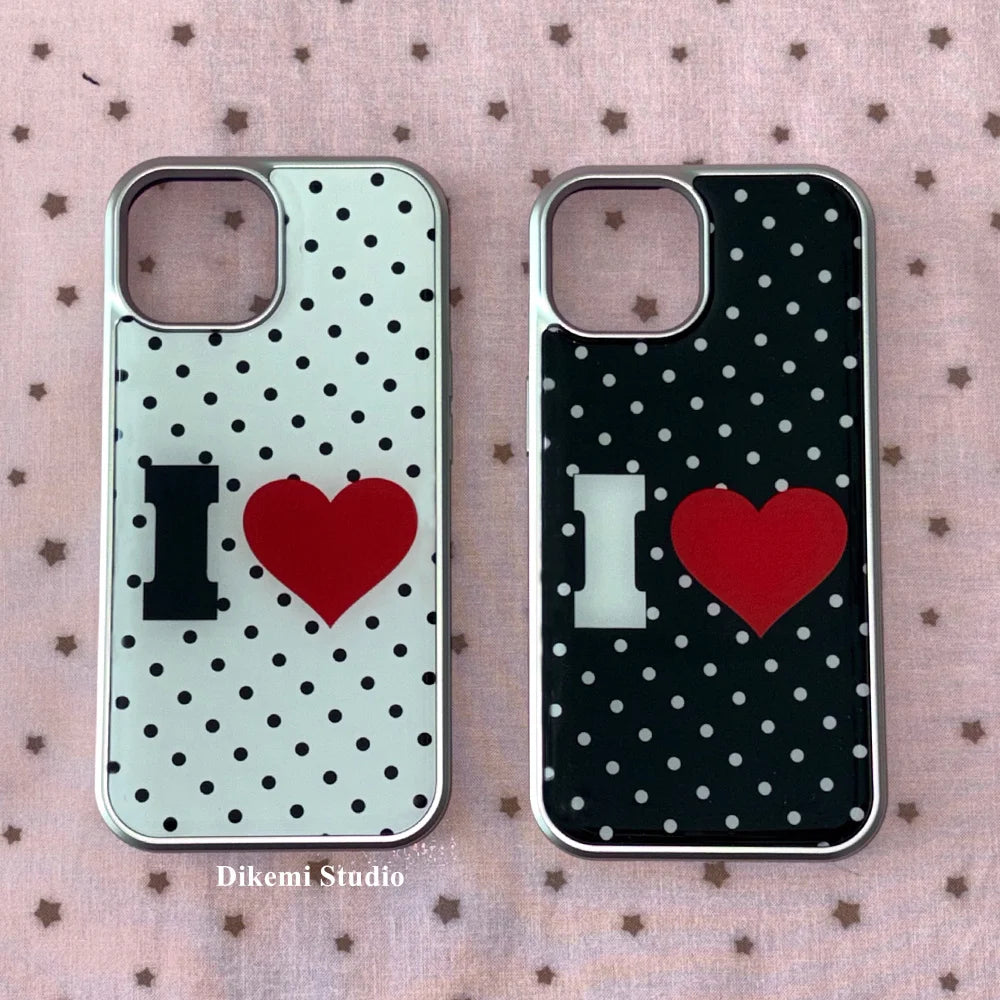 Korean Ins Black White Polka Dot Cute Red Love Kawaii Phone Case For iPhone 16 E 15 14 13 12 11 Pro Max XR XS 7 8 Plus Y2K Cover