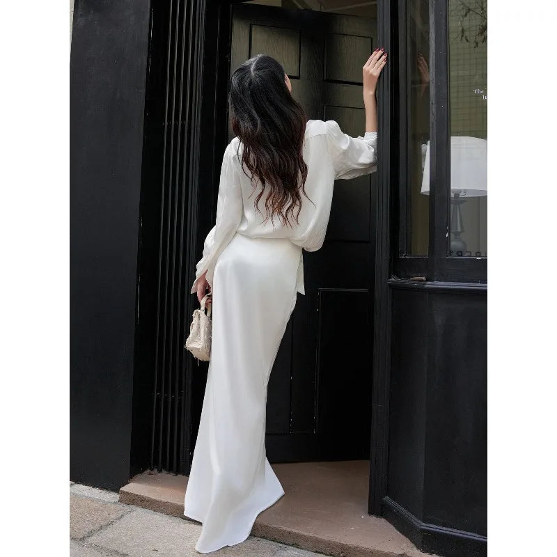 Women's Fashion Trend Sexy Goddess Level Satin Silk Feeling Floor Dragging White Fishtail Skirt Half Skirt Long Sleeved Silk Top