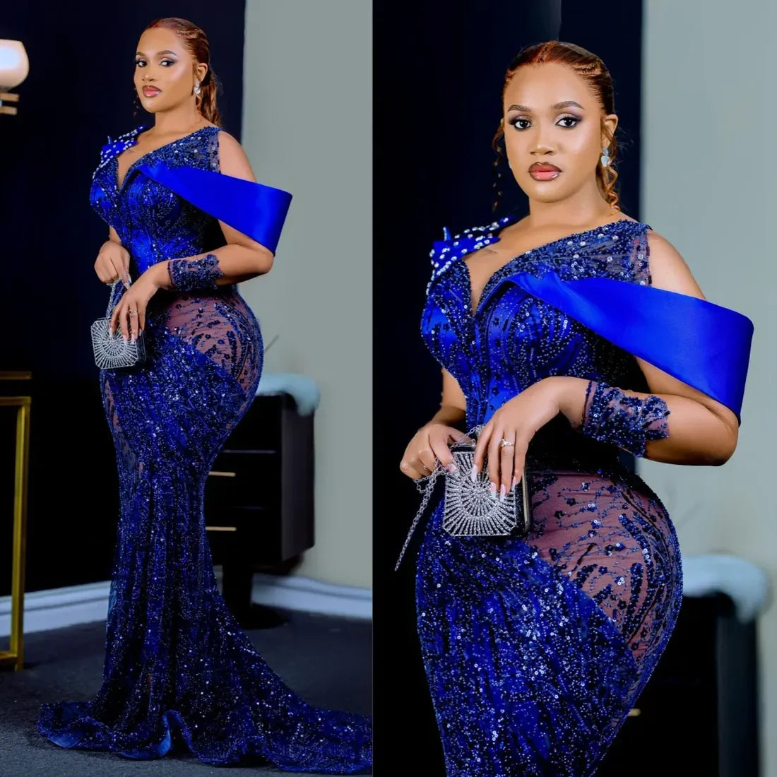 Vinca Sunny Customized Royal Blue Aso Ebi Prom Dresses Long Sleeves Mermaid Beaded Lace Formal Evening Gowns Engagement Dresses