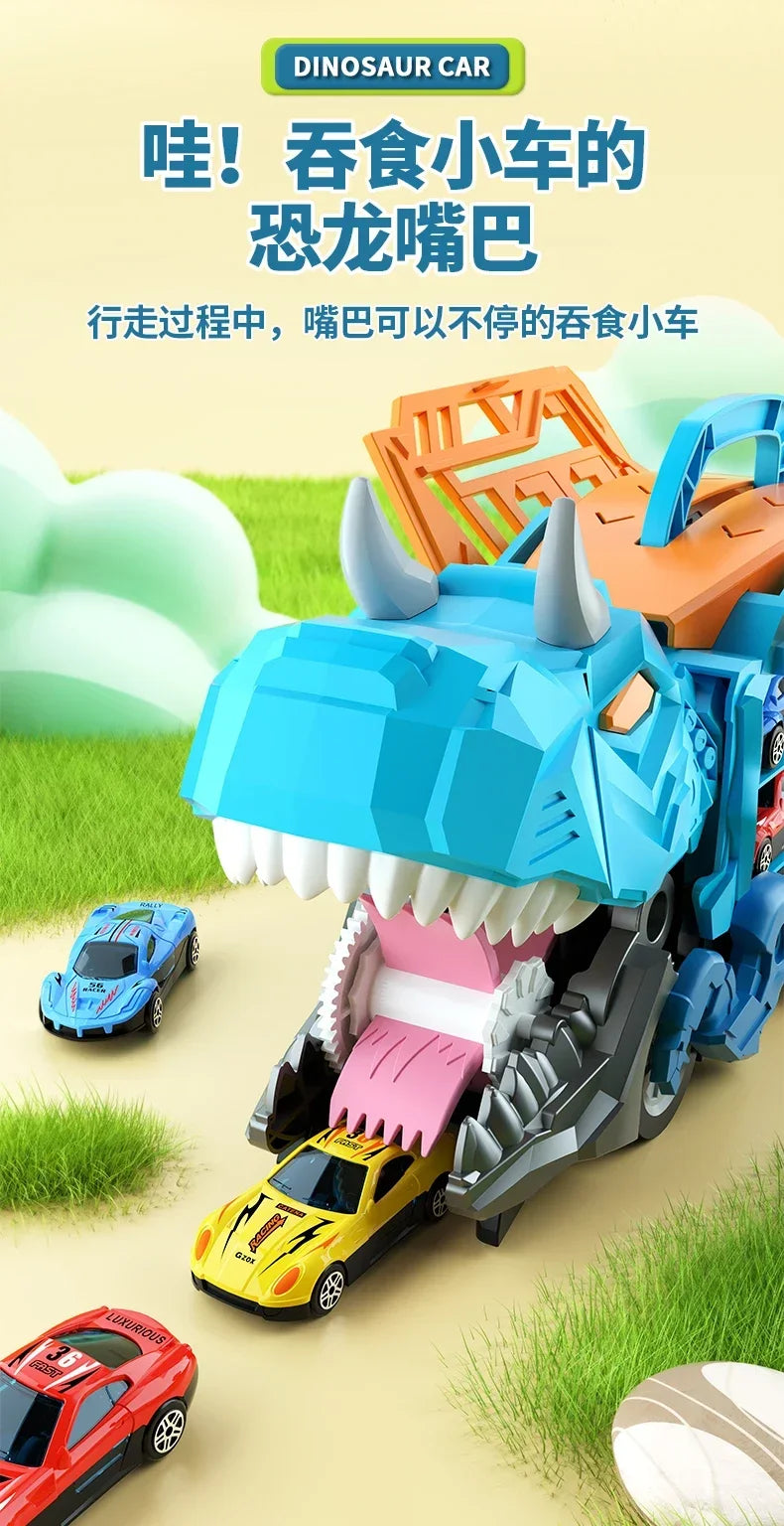 Dinosaur Toys for Kids Boys Ages 3-5, Car Track Set Dinosaur Transport Truck with Diecast Cars that Transform into Dinosaurs