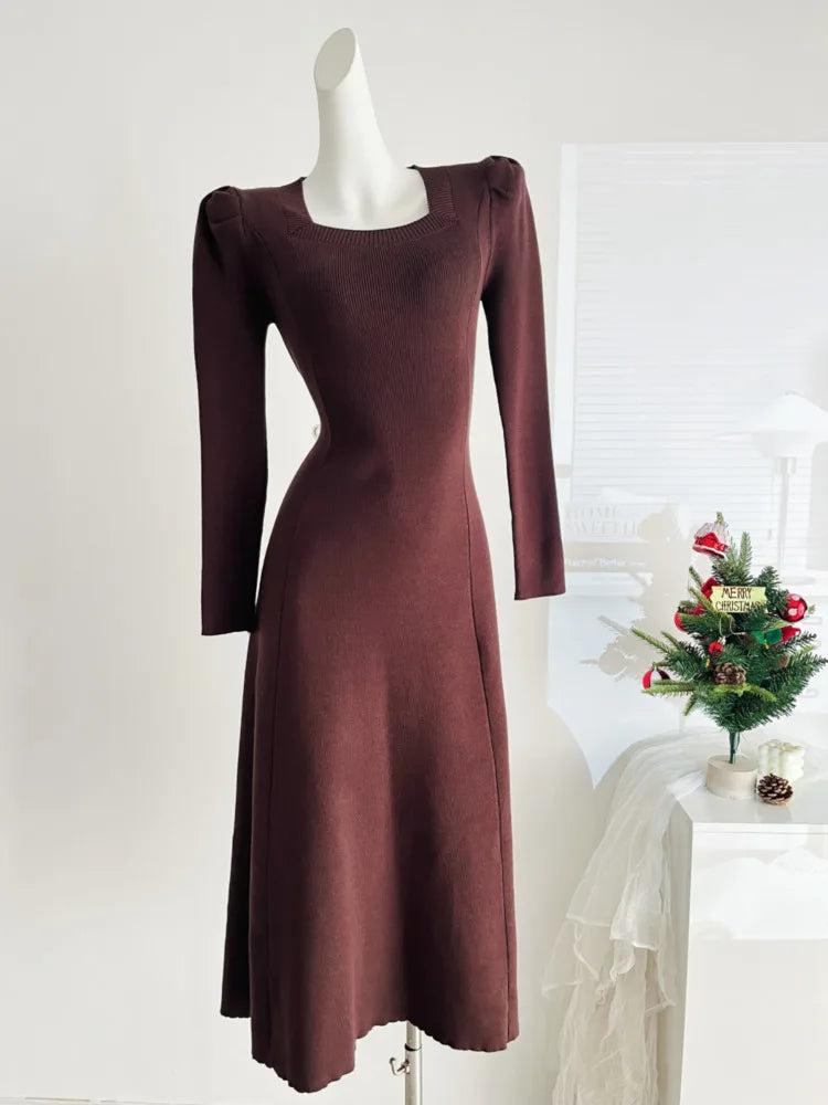 French Fashion Casual Women Inside Knitted Long Dress 2025 Spring New Long Sleeves Elegant Party Dresses Simple Vestidos Largos SwiftNest