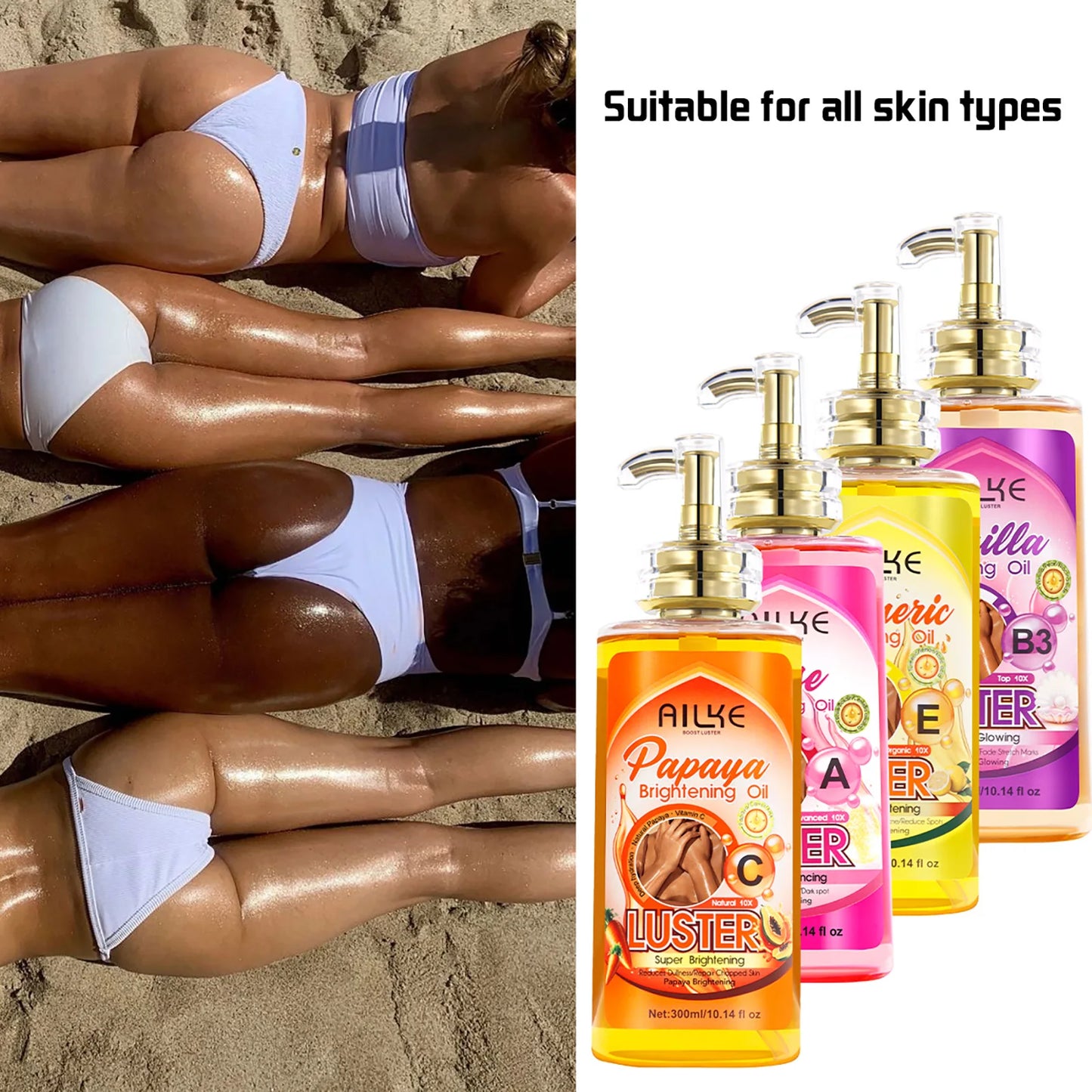 AILKE Whitening Body Oil, Moisturizing, Nourishing, Smooth Skin, Reduce Dark Spots, Suitable For All Skin Types, 300ml