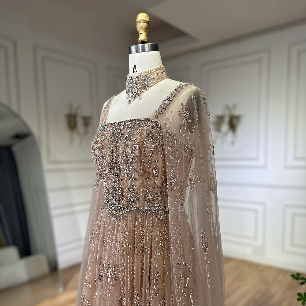 Serene Hill 2025 Arabic Nude A Line Cape Sleeve Crystal Beaded Luxury Evening Dresses Gowns Formal Occasion Customize BLA72764