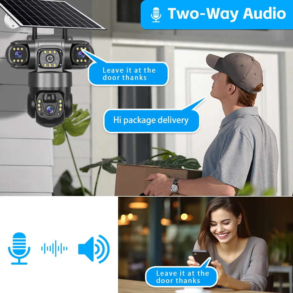 V380 Pro Solar Camera 4G SIM Outdoor 3 Lens Three Screens Webcam PIR Human Detect CCTV Security Video Battery PTZ IP Camara