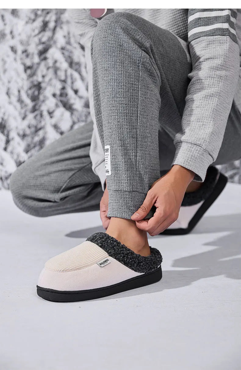 Litfun Winter Men Cotton Shoes Warm Fleece Lined Outdoor Fashion Fuzzy Slides Indoor Antiskid Short Plush Female House Slippers