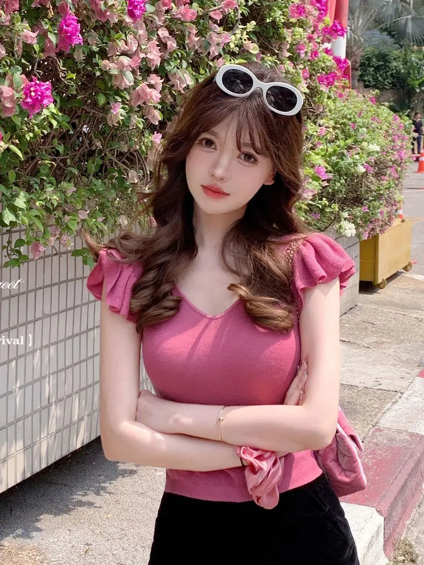 Women Clothes Summer Casual Fashion Simplicity Solid Color V-neck Tops Women's Trend All-match Sweet Temperament Slim T-Shirt SwiftNest