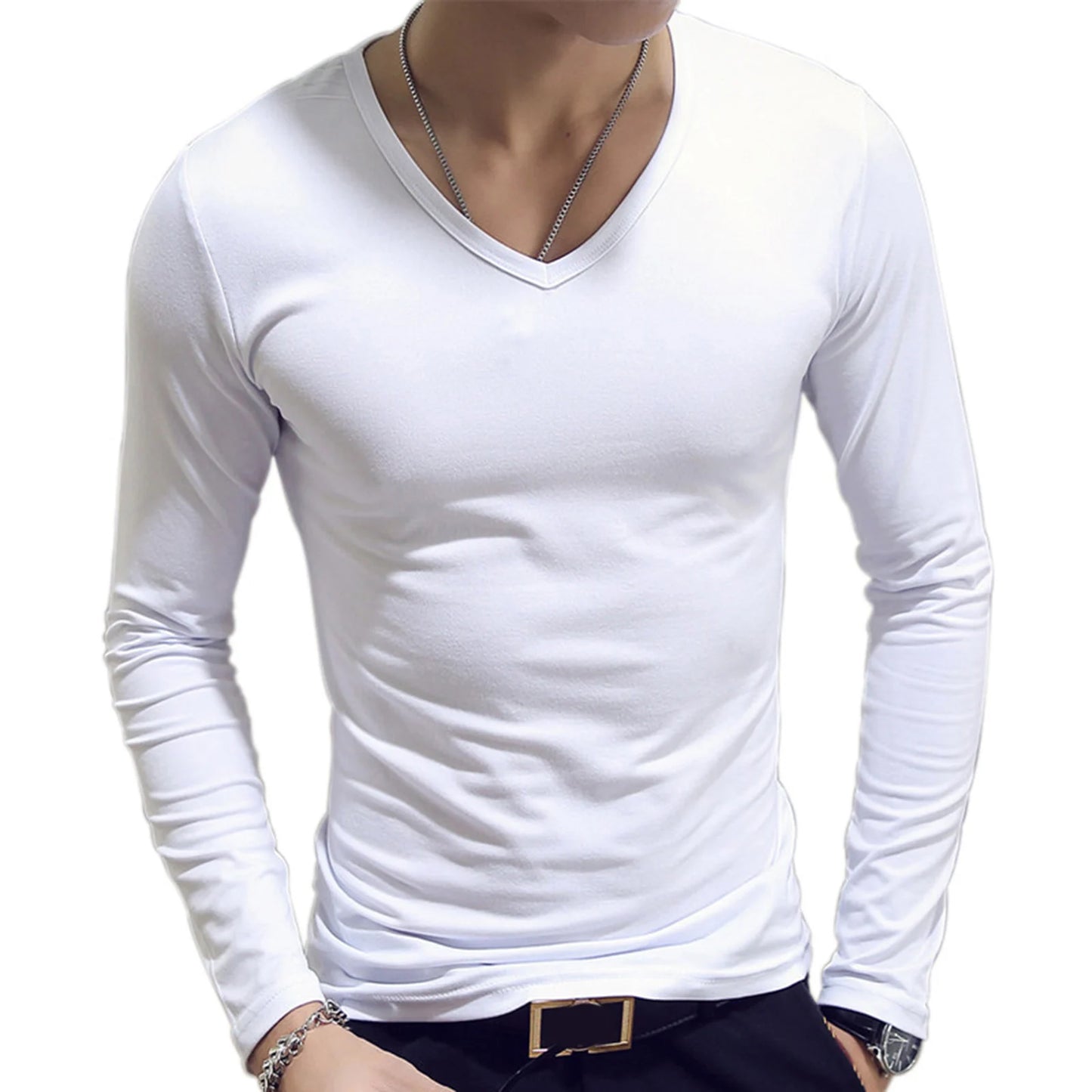 Mens Clothing Fashion V Neck Slim Fit T-shirt Long Sleeve Simple Classic Style Undershirt Casual Solid Color Tees Tops