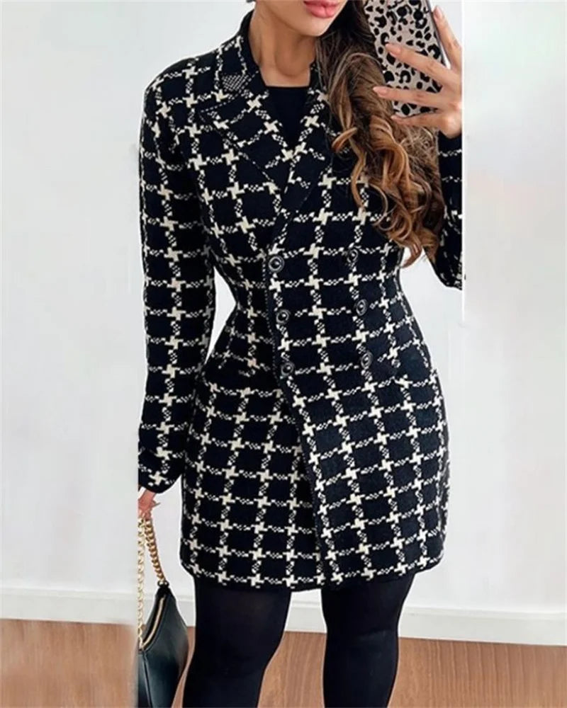 Autumn Winter Fashion Plaid Woolen Coat Dress Women Causal Office Ladies V-neck Double Breasted Slim Woolen Coat Dress Women SwiftNest