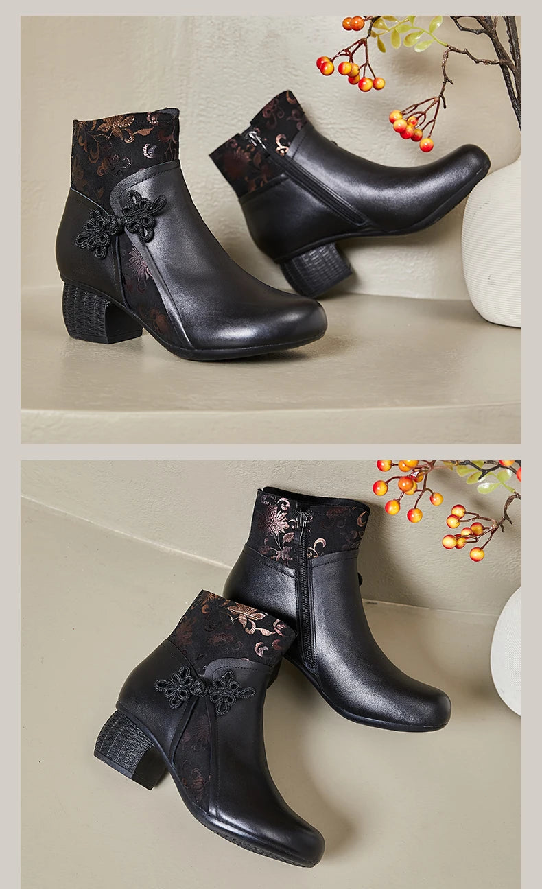 GKTINOO Genuine Leather Ankle Boots 2025 Winter New Ethnic Printed Women's Boots Soft Soles Thick Heels Mother's Leather Boots