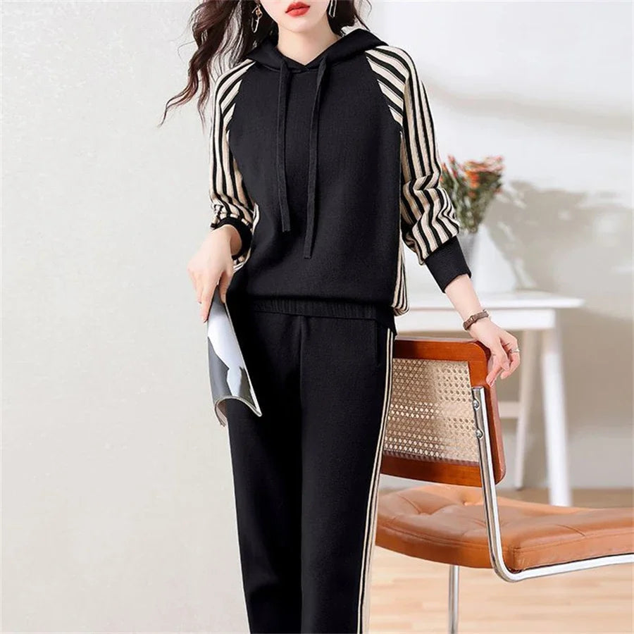 Fashion Autumn Women 2 Pieces Sets Casual Hooded Patchwork Loose Knitted Sweater Sports Harlan Pants Suits Winter Sportswear SwiftNest