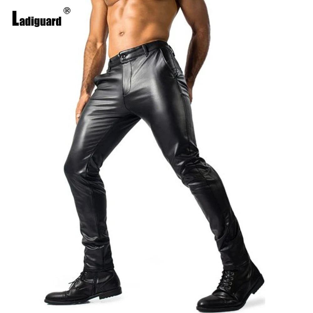 2025 Mens Fashion Rock Style PU Leather Pants Sexy Night Club Dance Pants Men's Grunge Faux Leather Slim Motorcycle Trousers New