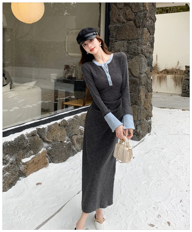 2025 Spring New Women Fashion Casual O-neck Party Dresses Ladies French Elegant Slim Waist Knitted Long Dress Vestidos Longos