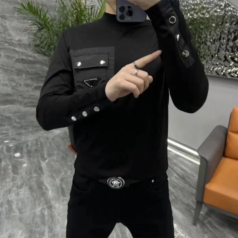 Fashion 2025 Men's Autumn Round Neck Long-sleeved T-shirt Versatile Fashion Black Personalized Base Shirt