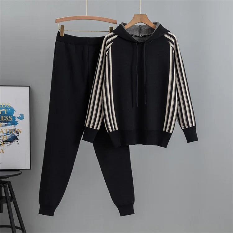 Fashion Autumn Women 2 Pieces Sets Casual Hooded Patchwork Loose Knitted Sweater Sports Harlan Pants Suits Winter Sportswear SwiftNest