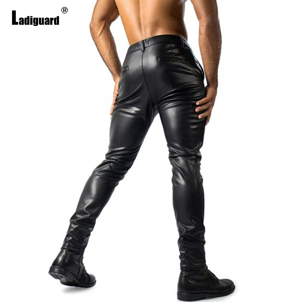2025 Mens Fashion Rock Style PU Leather Pants Sexy Night Club Dance Pants Men's Grunge Faux Leather Slim Motorcycle Trousers New