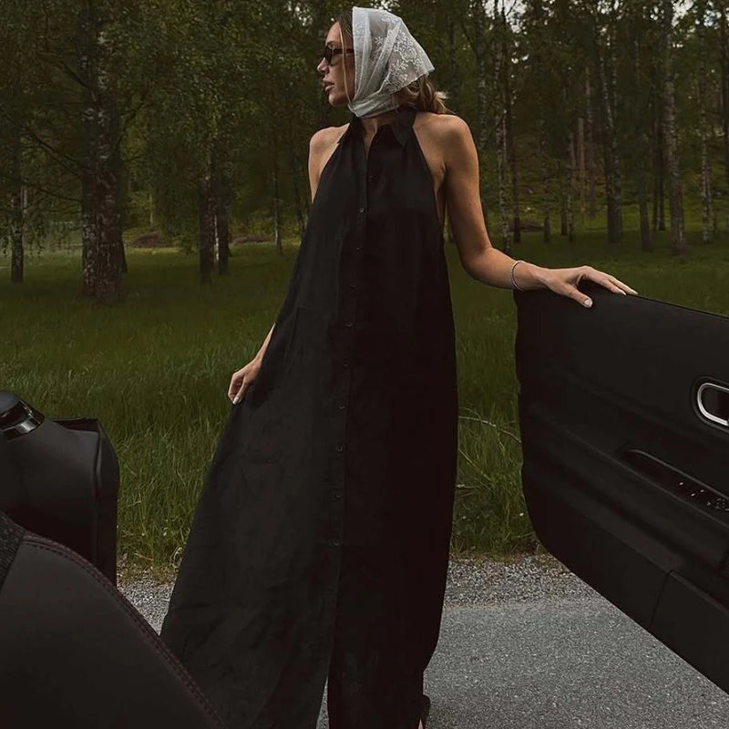 Women's 2025 New Dresses Summer Chic Elegant Loose Hanging Neck Long Dress Women's Holiday Street Fashion Youth Dress