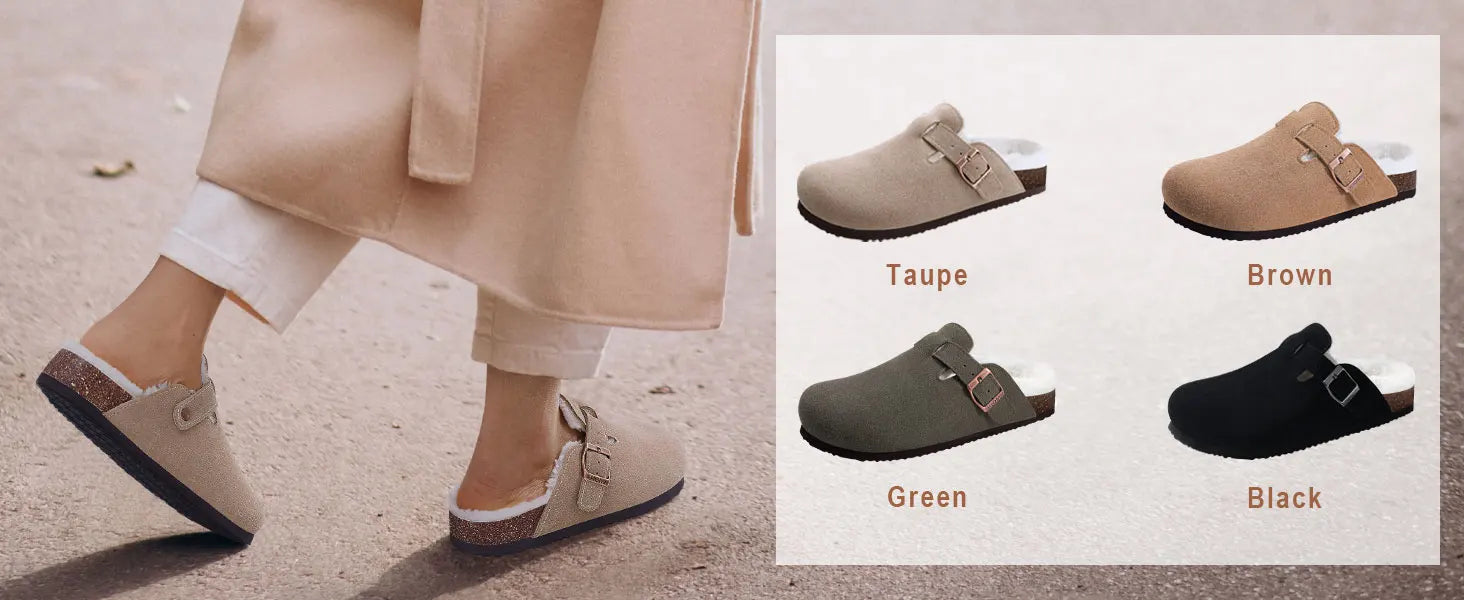 Crestar Women's Fur Lined Suede Clogs Winter Warm Fuzzy Cork Footbed Mules Unisex Cow Suede Potato Shoes Support Drop Shipping