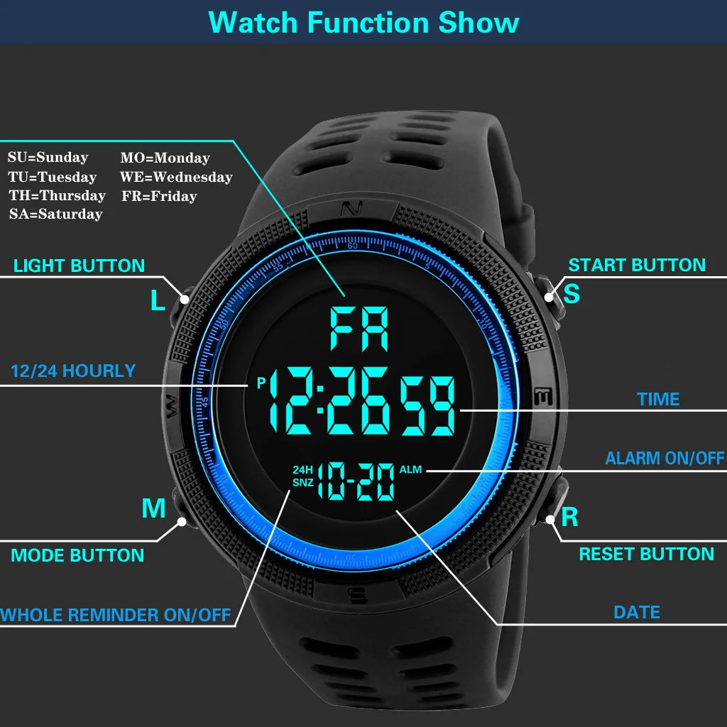 Sports Watch for Men Kid Student Teen Large dial Outdoor Sport Men Watch Multifunction digital Wristwatch Waterproof Alarm Clock
